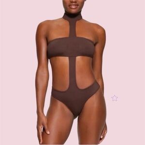 SKIMS Recycled Swim Cut Out Halter Monokini One Piece, Cocoa XS